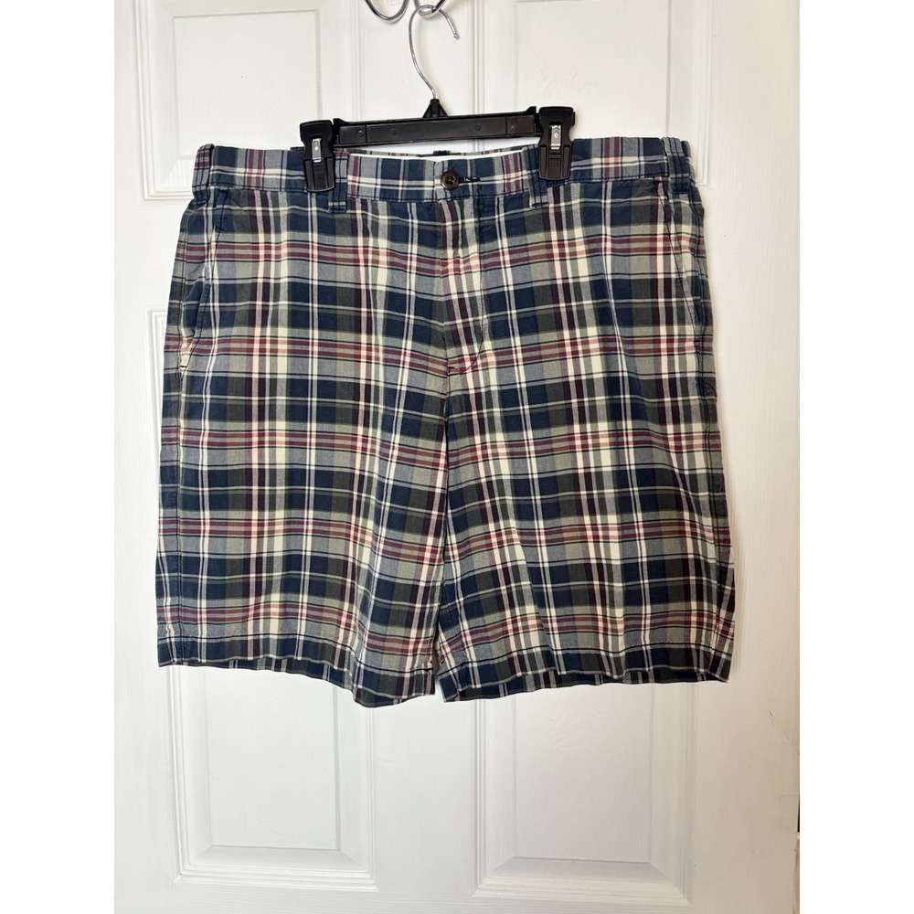 Eddie Bauer Shorts Mens 36x9 Beige Navy Plaid Chino Flat Front Legend Wash Prepp